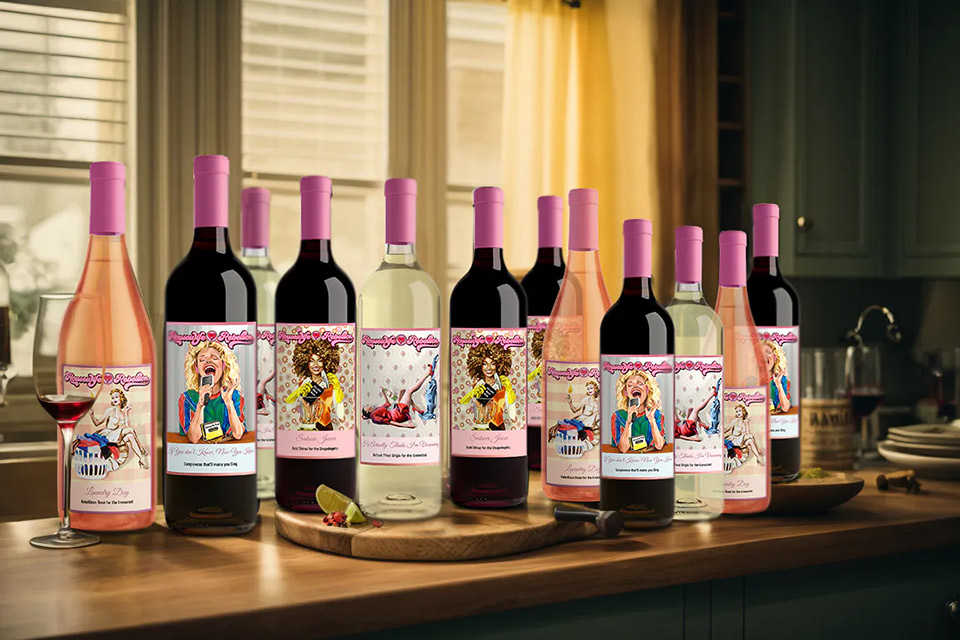 Twelve wine bottles on a kitchen counter.