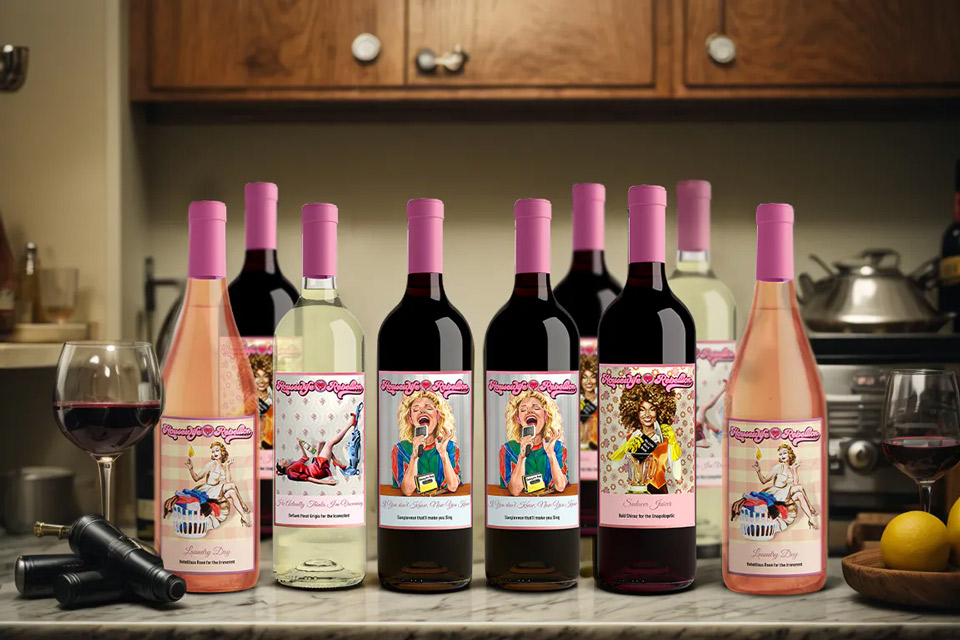 Wine bottles on a kitchen counter.