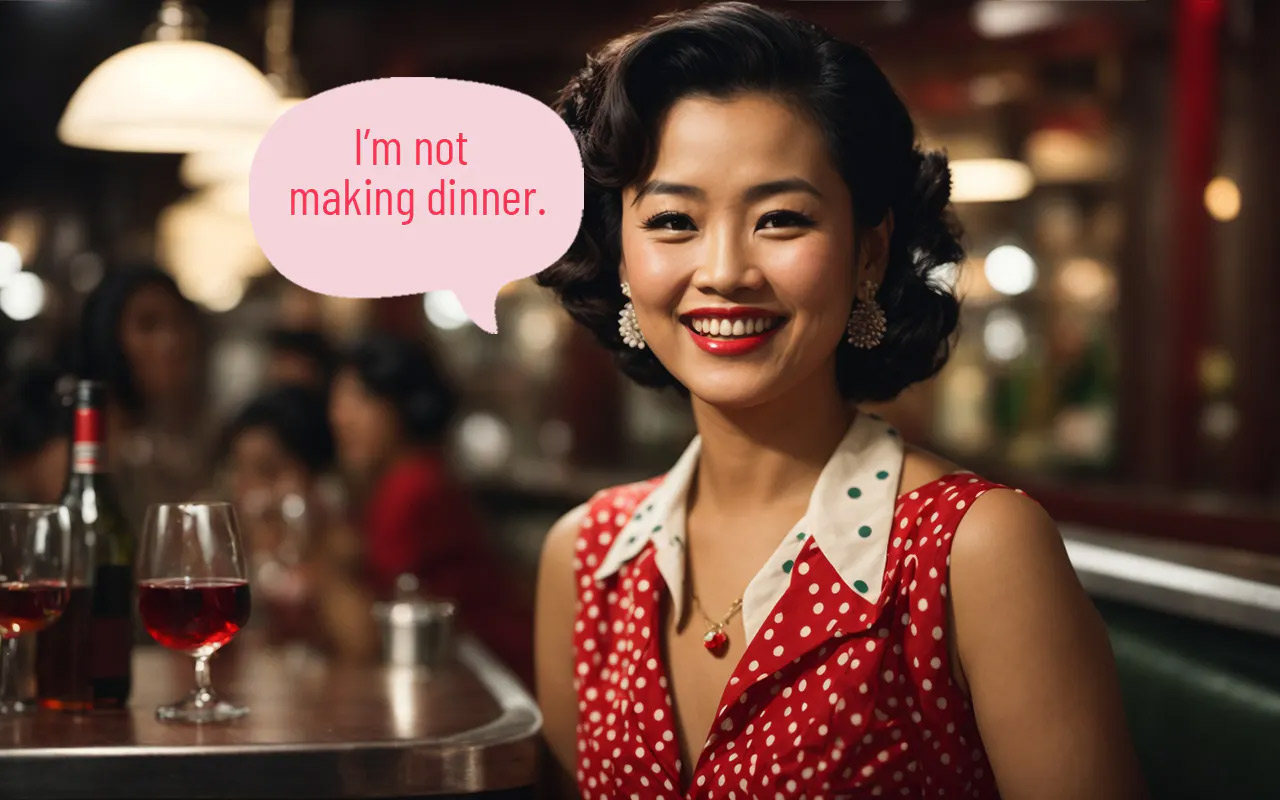 Woman in a bar and thinking "I'm not making dinner".