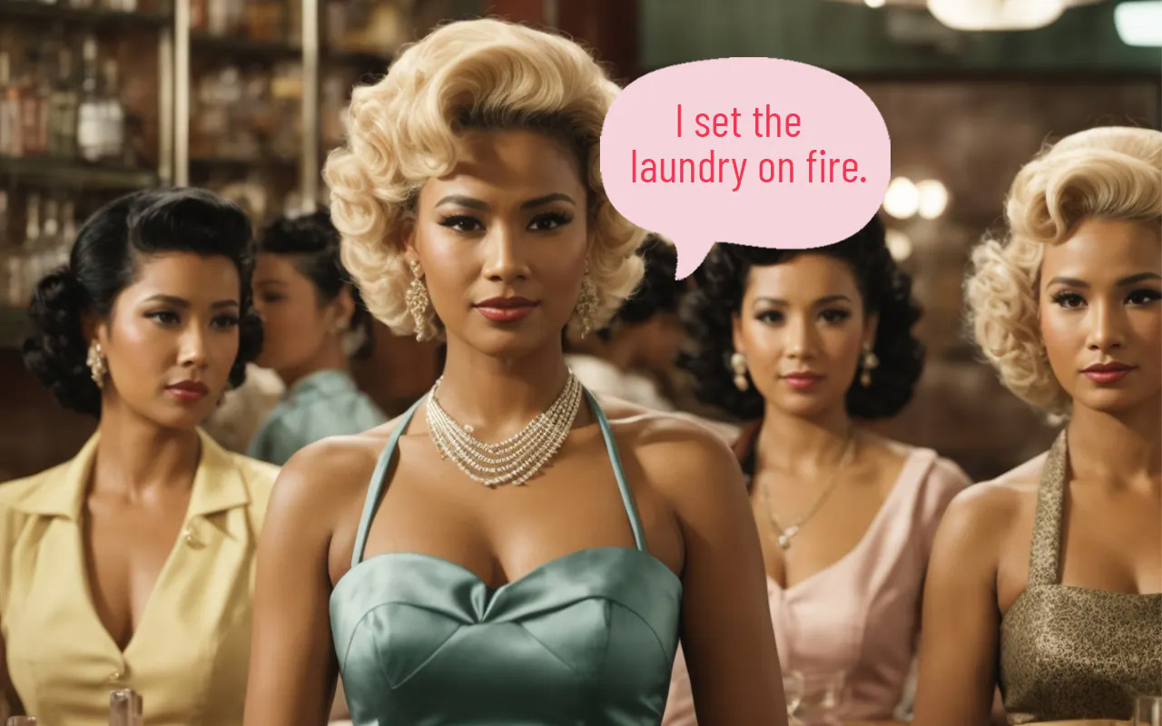 A group of woman with one thinking "I set the laundry on fire"