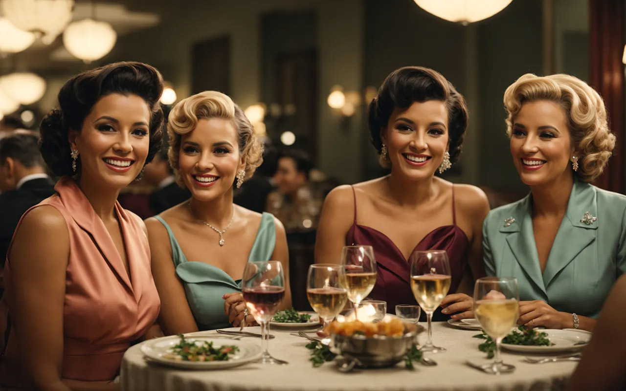 Ladies enjoying dinner and wine at an evening gathering.