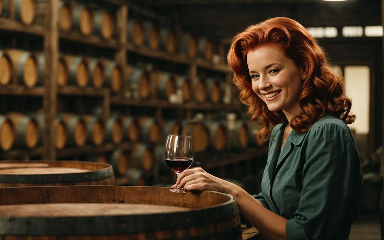 Lady holding a glass of red wine standing by a barrel of wine.